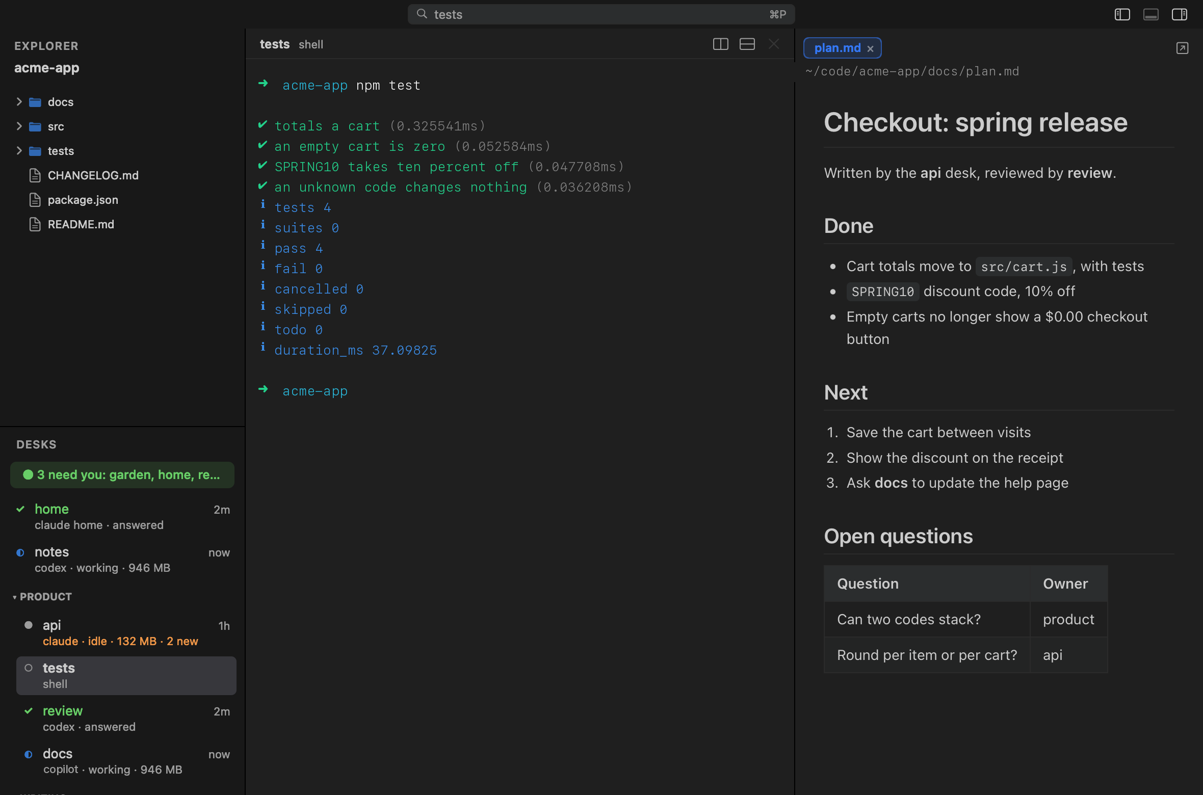 The Project Coldfall window: a list of desks on the left, a terminal in the middle and a formatted document on the right.