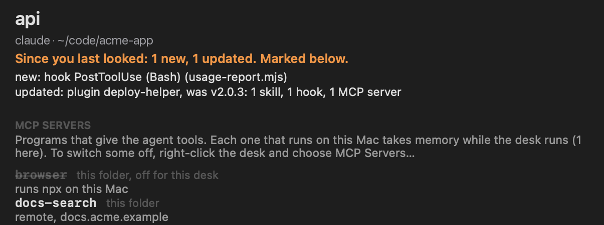 What This Desk Has for a desk called api, reporting one new hook and one updated plugin since the last look.