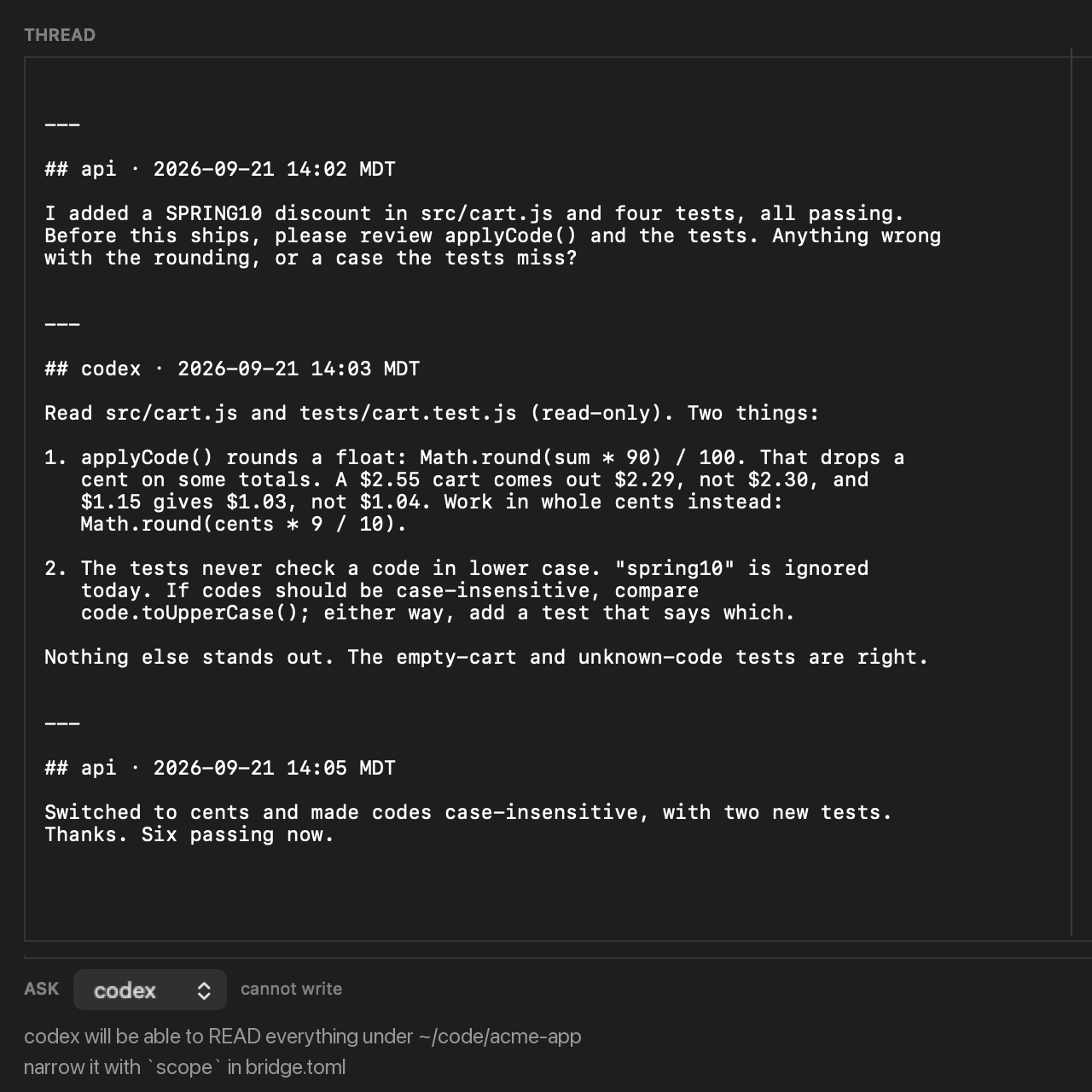 Agent mail: the api desk asks Codex to review a discount calculation, and Codex, working read-only, points out a rounding error and a missing test.