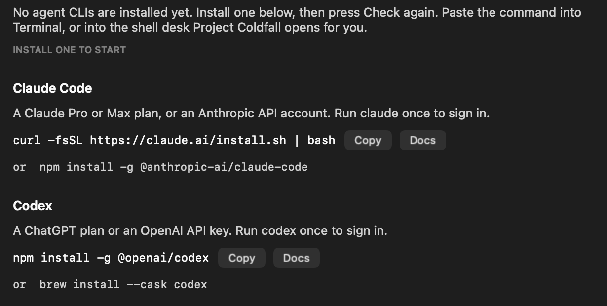 The welcome screen on a Mac with no agents installed, listing install commands with Copy buttons.